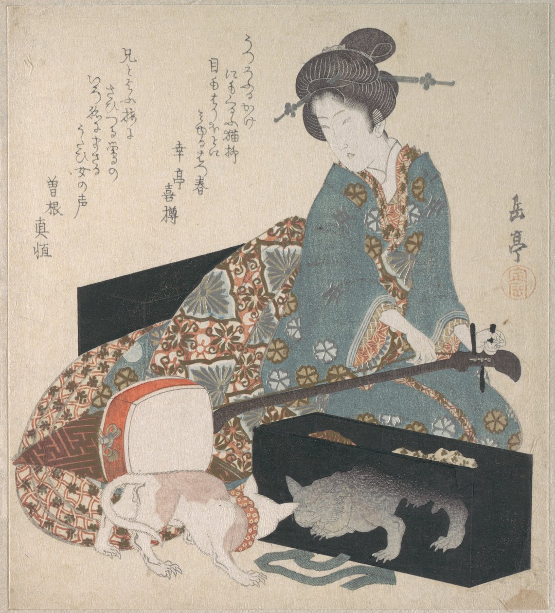 Donna che accorda uno shamisen e gatto che guarda il proprio riflesso da Yashima Gakutei