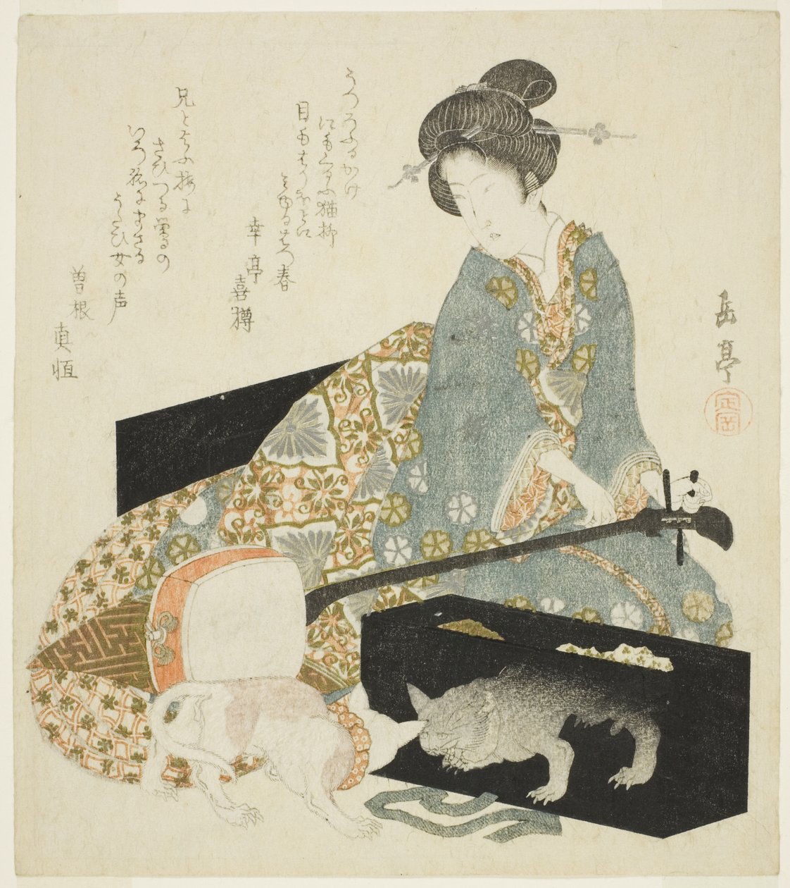 Donna con shamisen e gatto da Yashima Gakutei