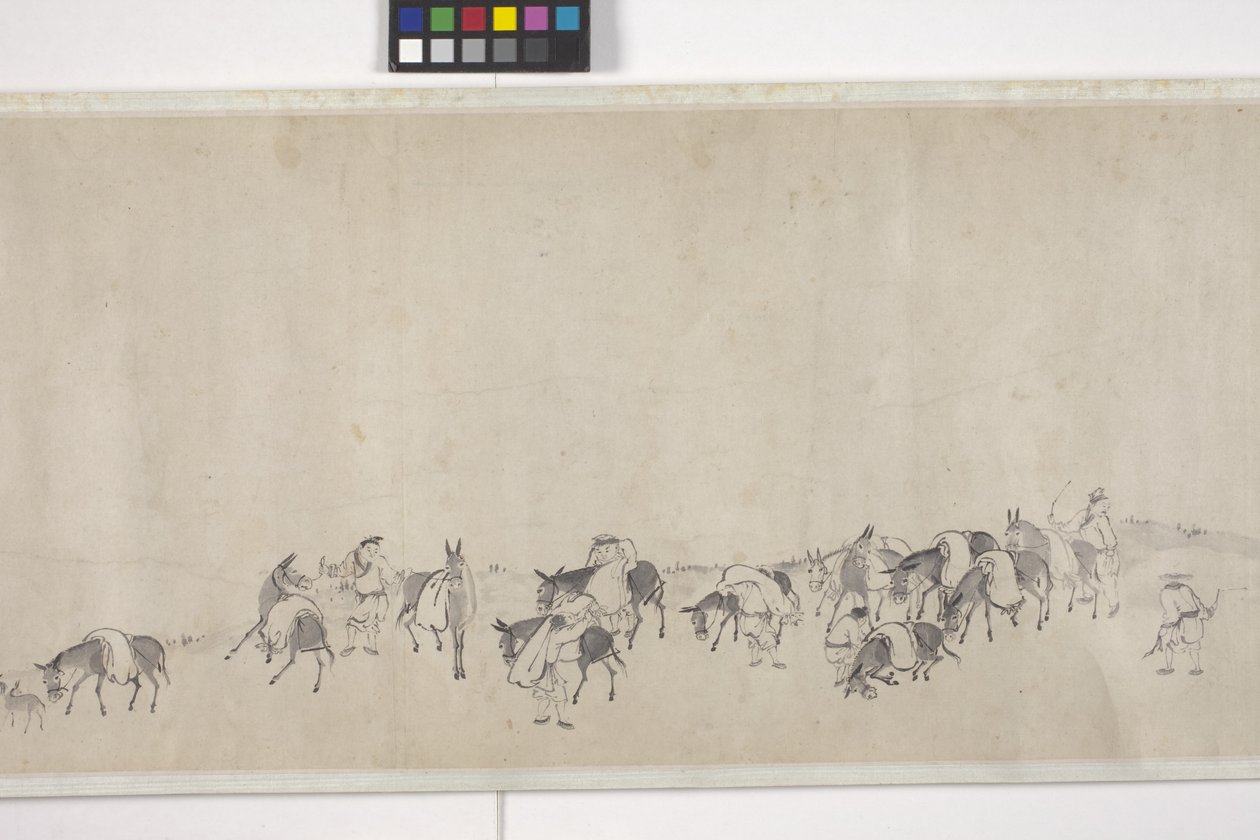 Cento asini che trasportano grano, rotolo a mano, c.1700 da Ye Yin