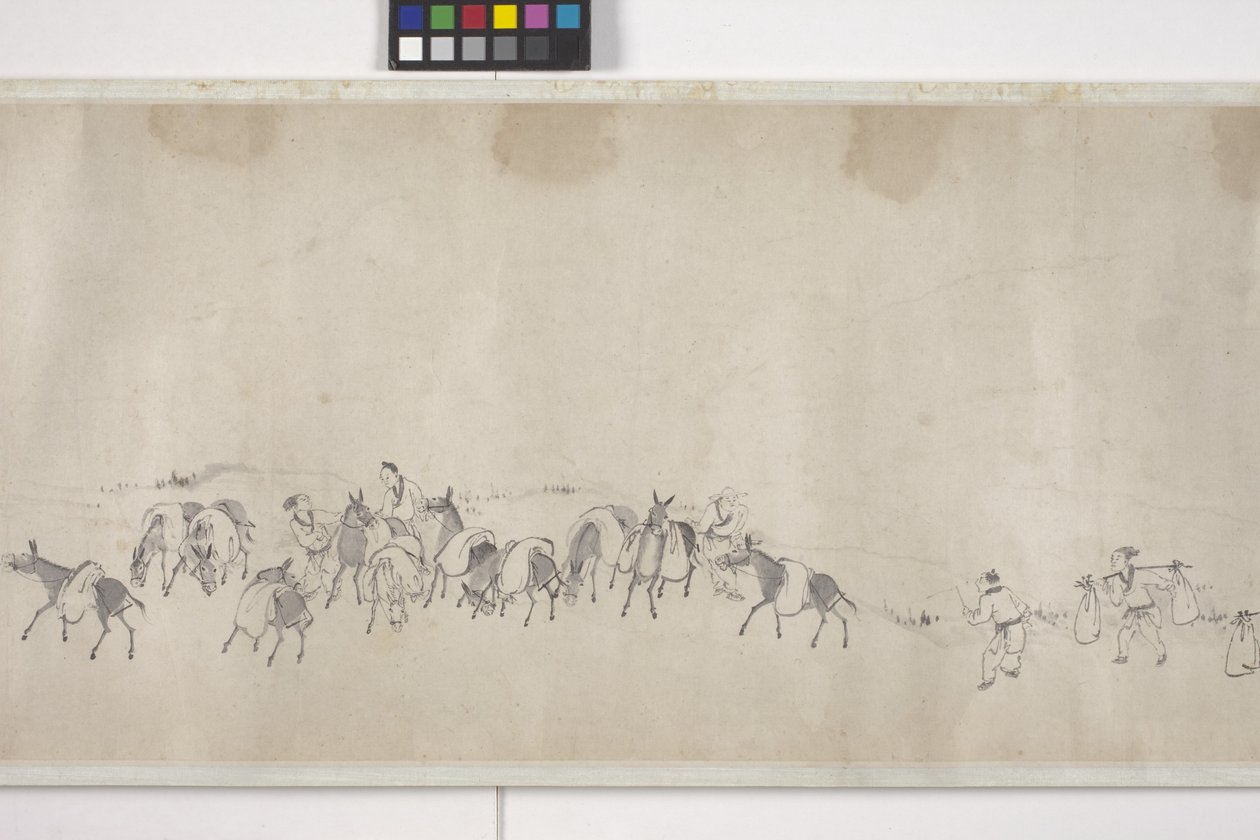 Cento asini che trasportano grano, rotolo a mano, c.1700 da Ye Yin