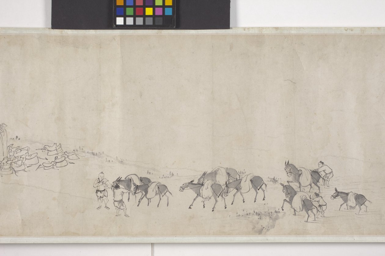 Cento asini che trasportano grano, rotolo a mano, c.1700 da Ye Yin
