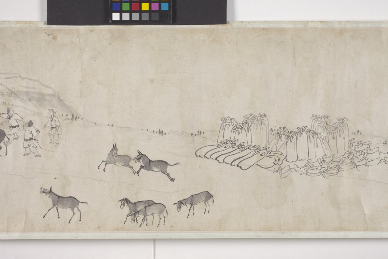 Cento asini che trasportano grano, rotolo a mano, c.1700 da Ye Yin