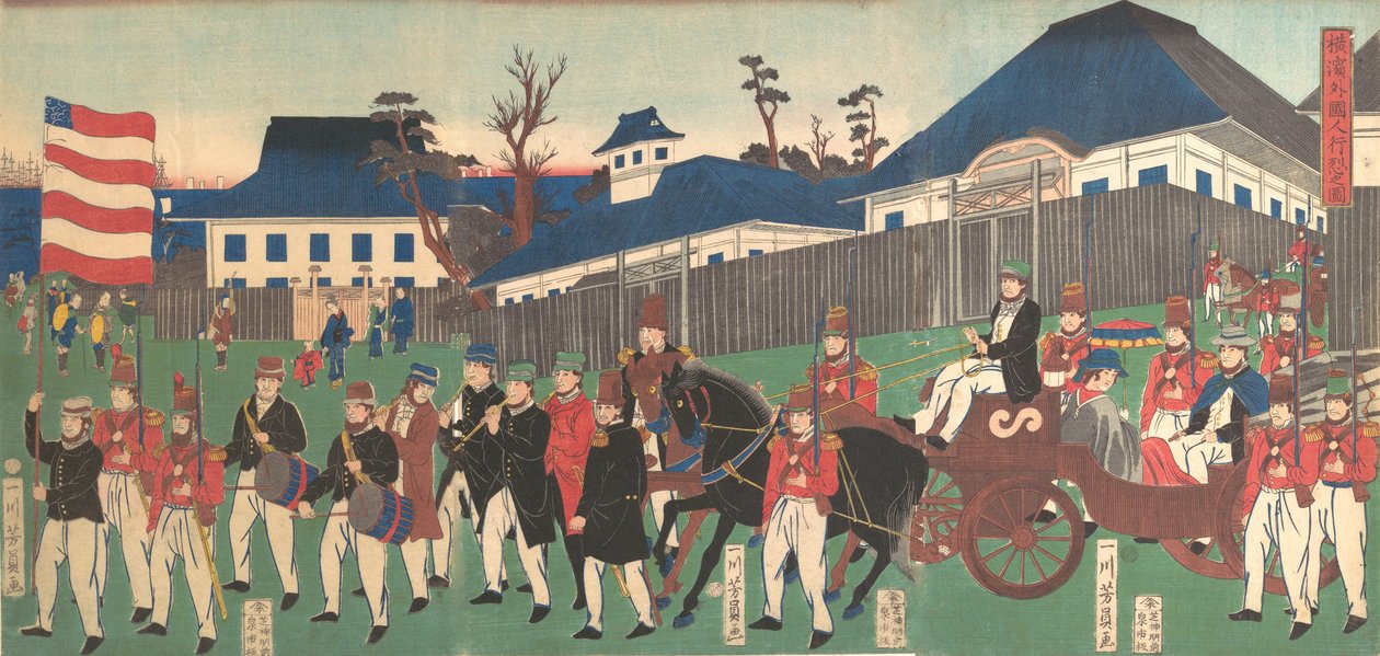 Immagine di una processione di stranieri a Yokohama, 2° mese, 1861 da Yoshikazu