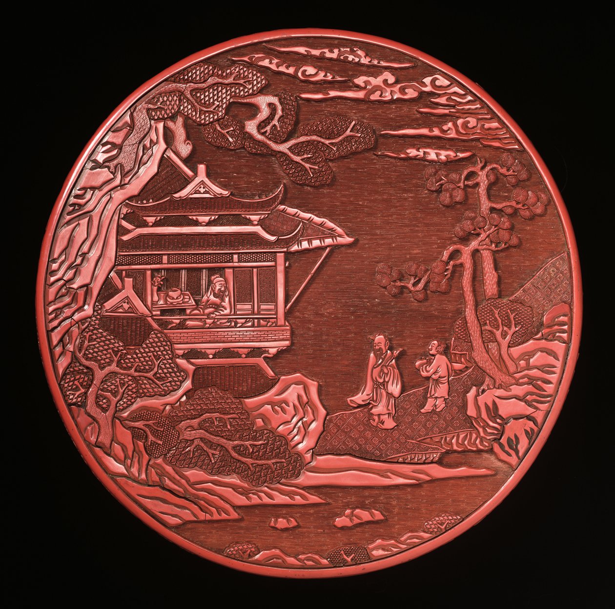 Scatola circolare di cinabro scolpito con coperchio da Yuan Dynasty Chinese School