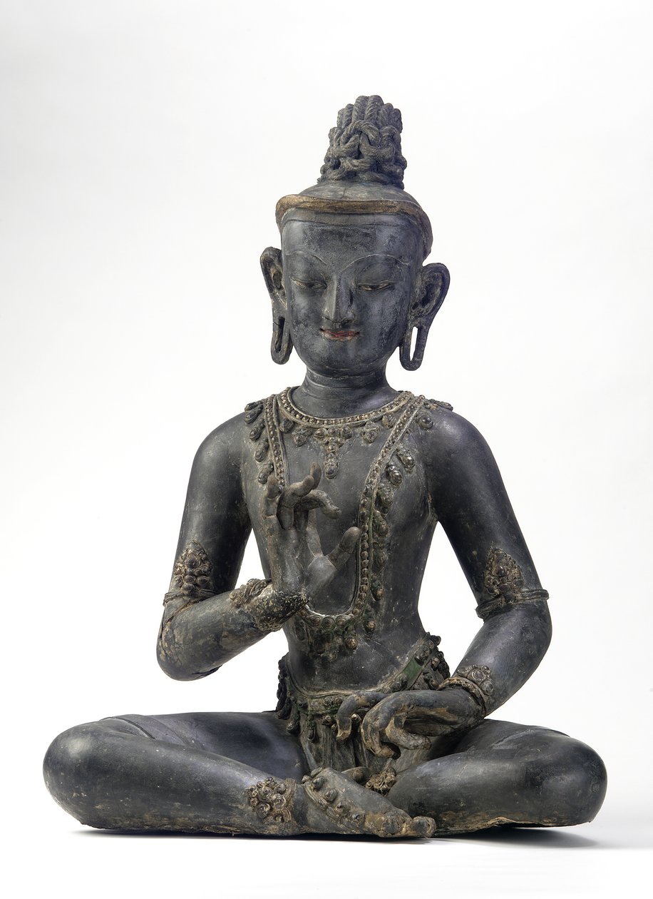Bodhisattva in stile nepalese-cinese (lacca, stoffa, tracce di blu, oro e verde e foglia d