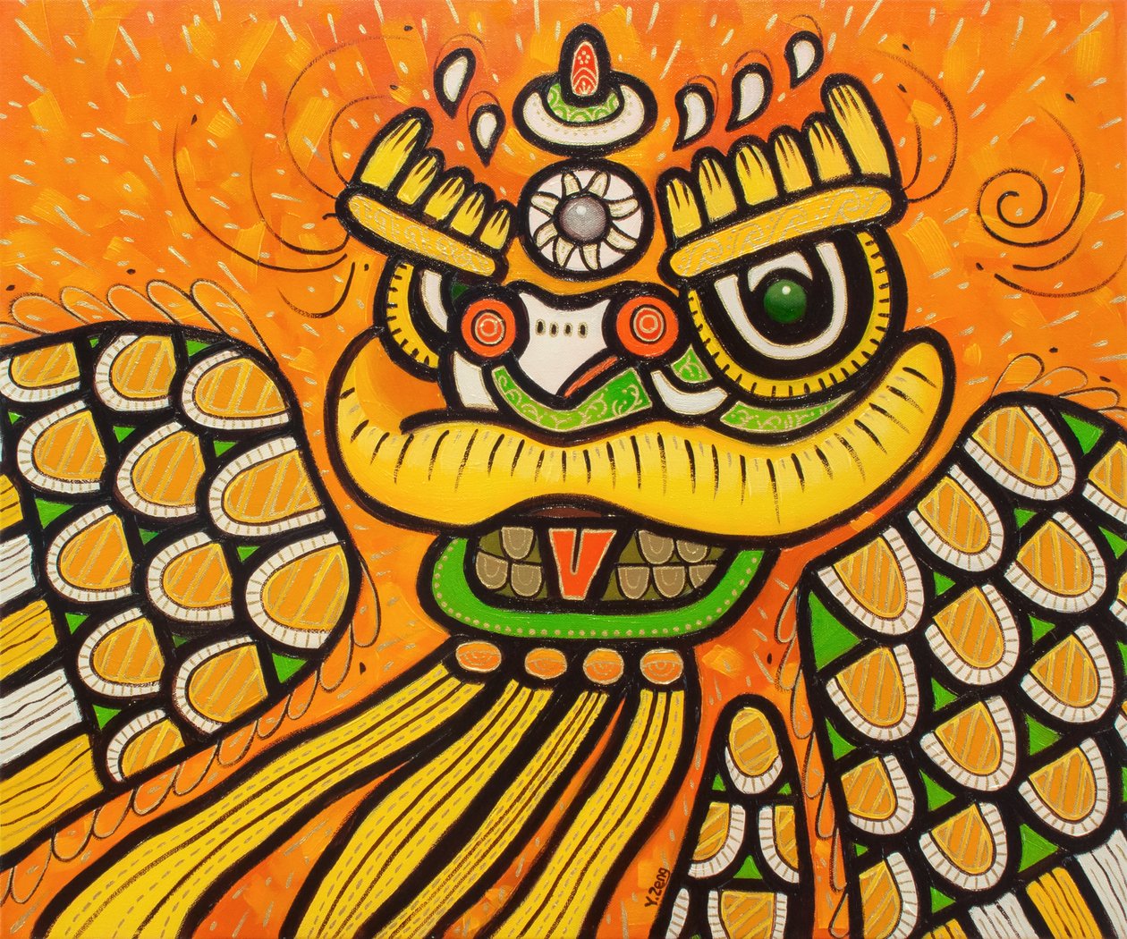 Giallo della danza del leone, 2022 (olio su tela) da Yue Zeng