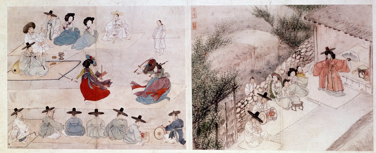 Arte Coreana: Scena di Combattimento Femminile, Scena di Vita Quotidiana. Stampe di Sin Yun Bok (o Hyewon fatte nel 1758). XVIII o XIX secolo. Collezione Hyung Pil Chun da Yun bok Sin