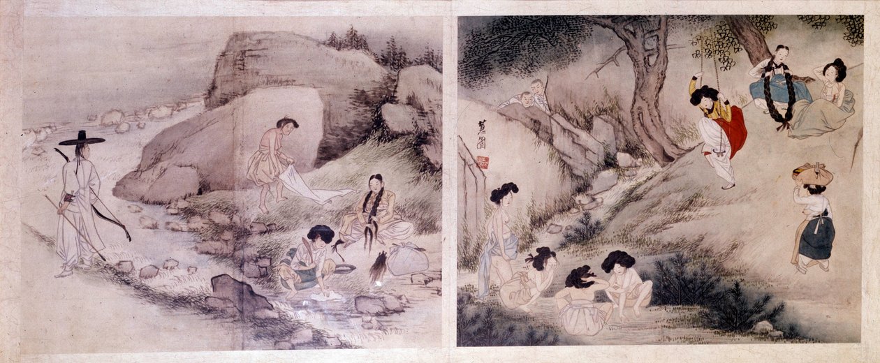 Arte coreana: donne che lavano i loro vestiti e si vestono, e donne che fanno la toilette e si divertono. Stampe di Sin Yun Bok (o Hyewon) (nato nel 1758). Collezione Hyung Pil Chun da Yun bok Sin