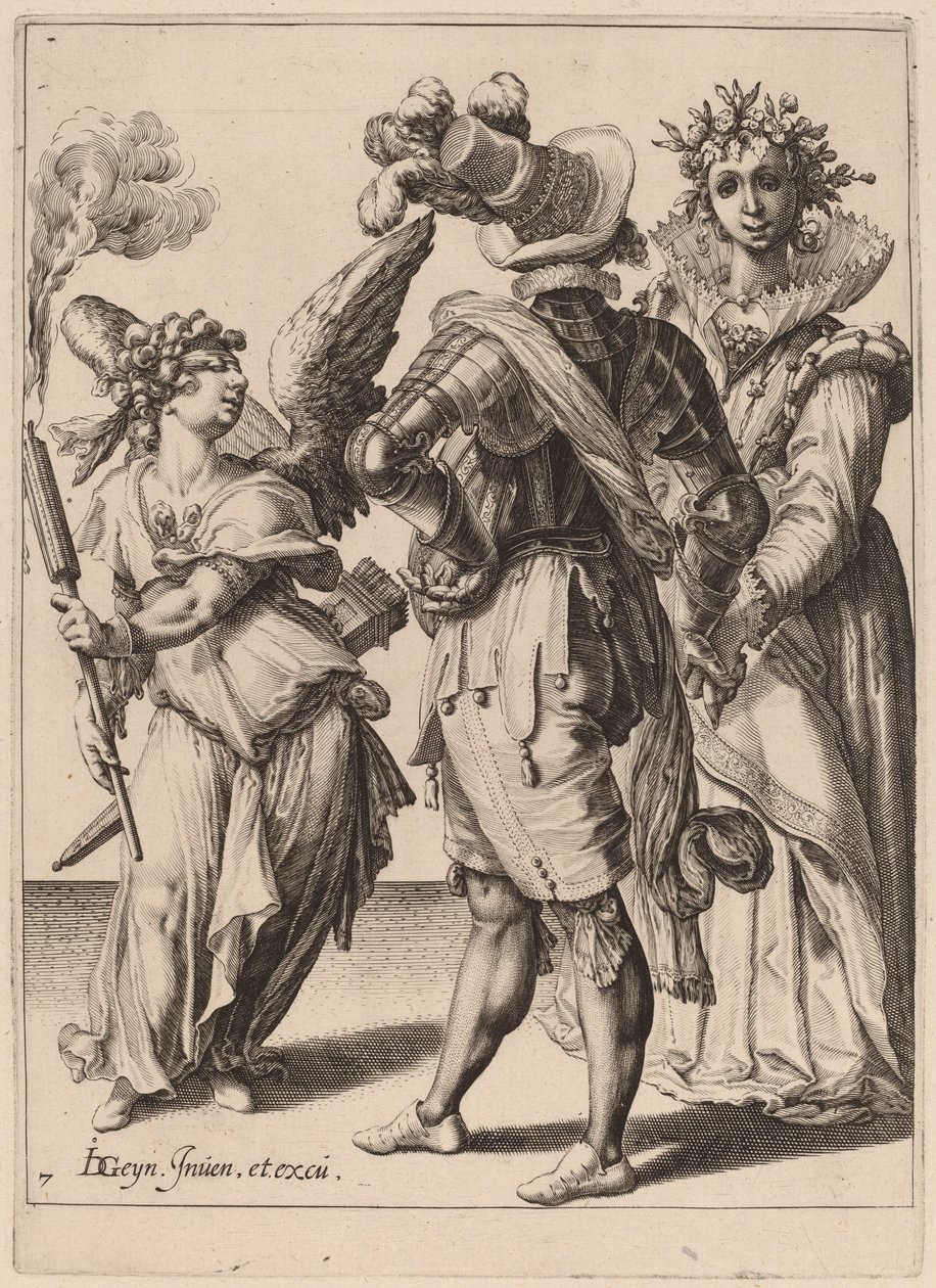 Cupido bendato che tiene una torcia davanti a una coppia da Zacharias Dolendo after Jacques de Gheyn II