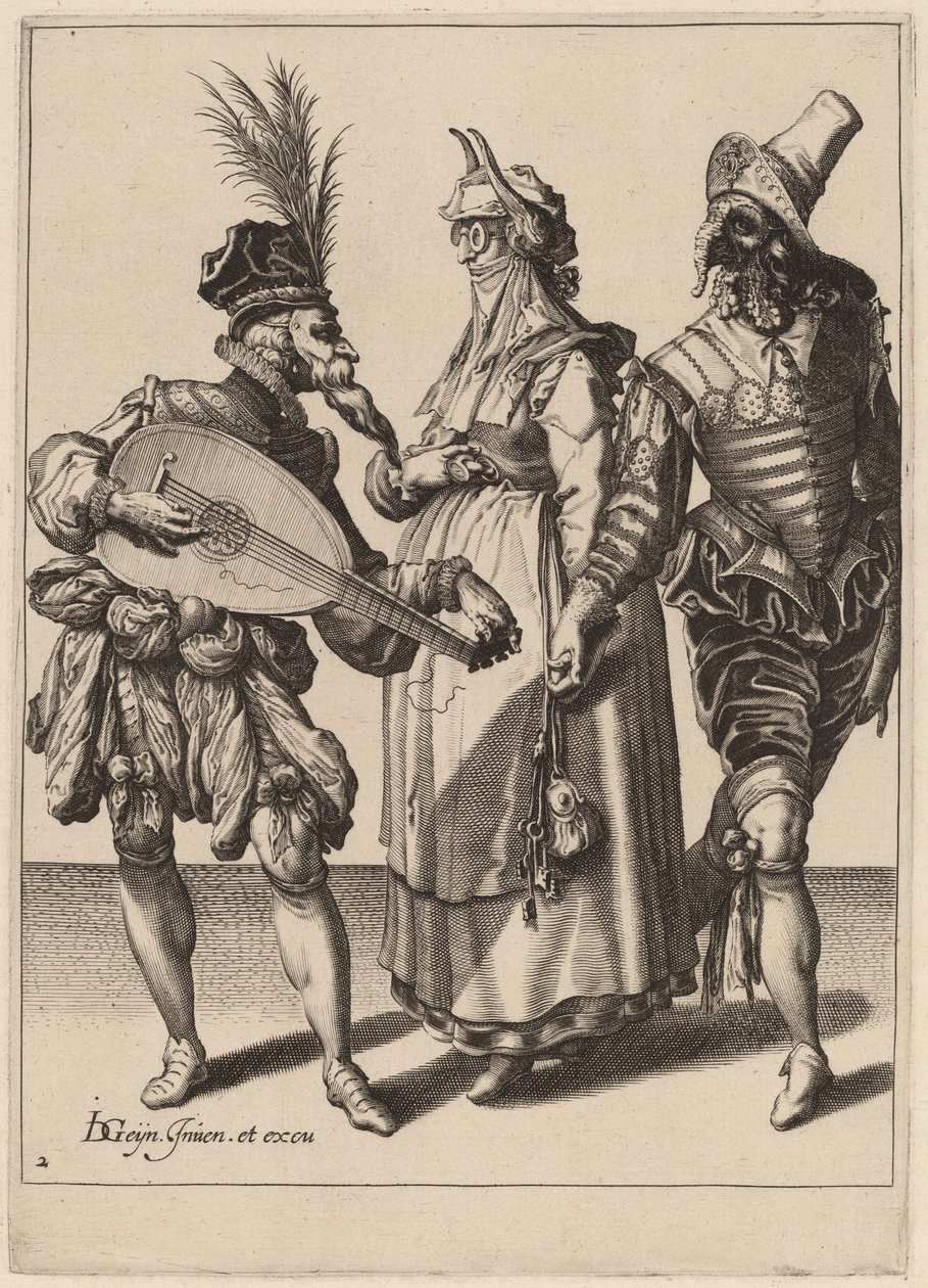 Una coppia indirizzata da un suonatore di liuto da Zacharias Dolendo after Jacques de Gheyn II