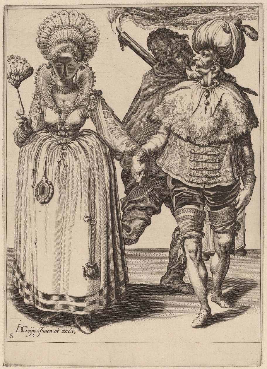 Un Uomo con un Turbante che Conduce una Donna con Piume di Pavone da Zacharias Dolendo after Jacques de Gheyn II