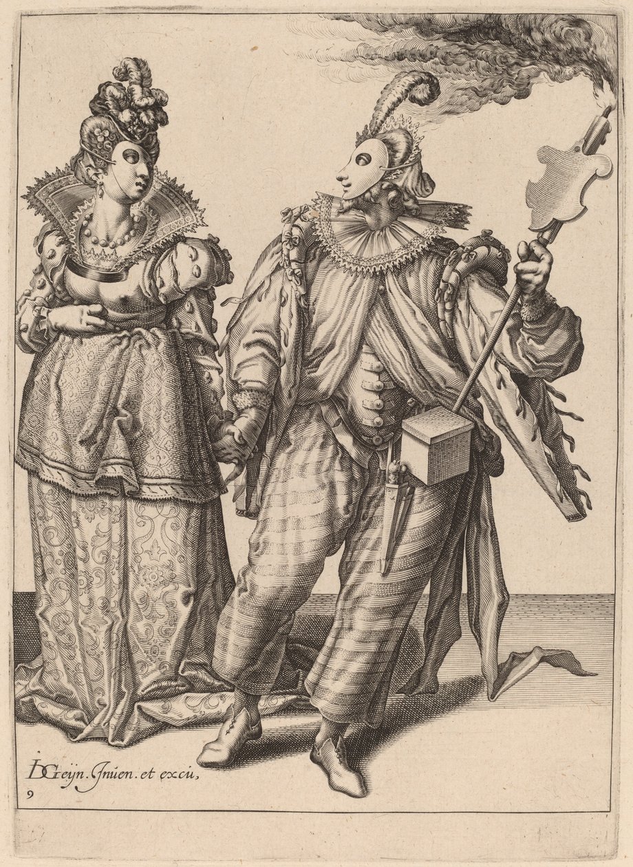 Una donna guidata da un giocatore che tiene una torcia da Zacharias Dolendo after Jacques de Gheyn II