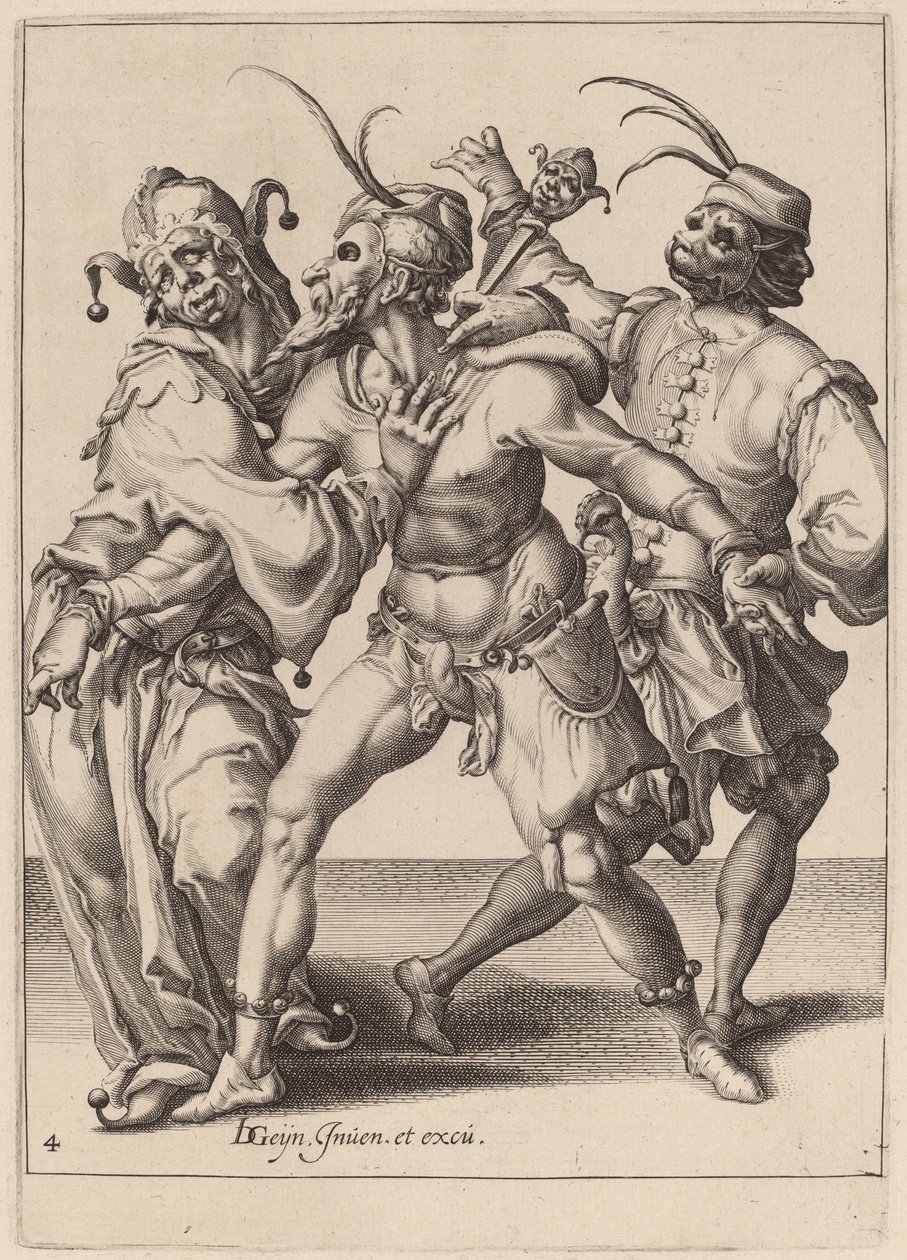 Tre mummers danzanti, incluso un giullare da Zacharias Dolendo after Jacques de Gheyn II