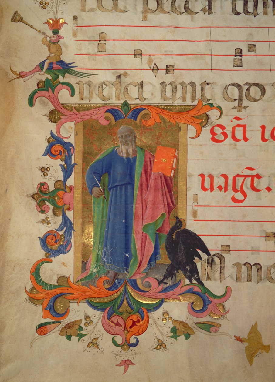 Missale 515 f.9r St. Johannes der Evangelist, Rand illuminiert von Filippo do Mateo Torelli, Detail aus einem Chorbuch vor 1449 von Zanobi di Benedetto Strozzi