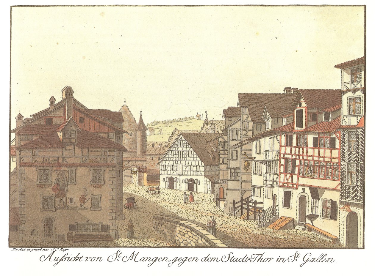 Veduta di St. Mangen verso la Porta della Città a St. Gallen (titolo originale) da Zeichner und Kupferstecher