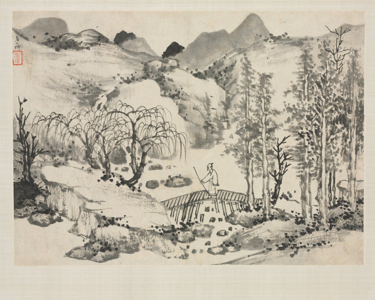 Album di paesaggi in vari stili: Paesaggio con artista su un ponte, 1684 da Zha Shibiao