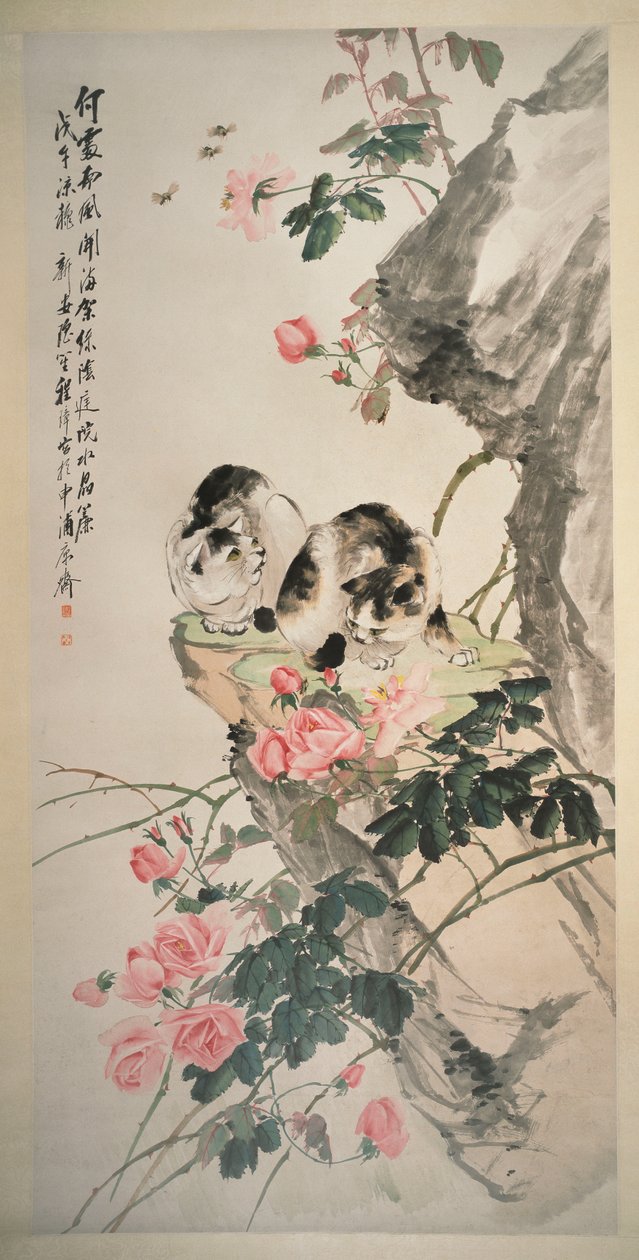 Gatti su una roccia con rose da Zhang Cheng