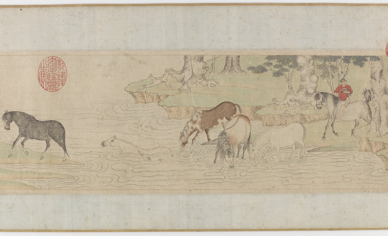 Cavalli e stallieri che attraversano un fiume, dinastia Yuan o inizio dinastia Ming, XIV secolo da Zhao Mengfu Chao Meng Fu or