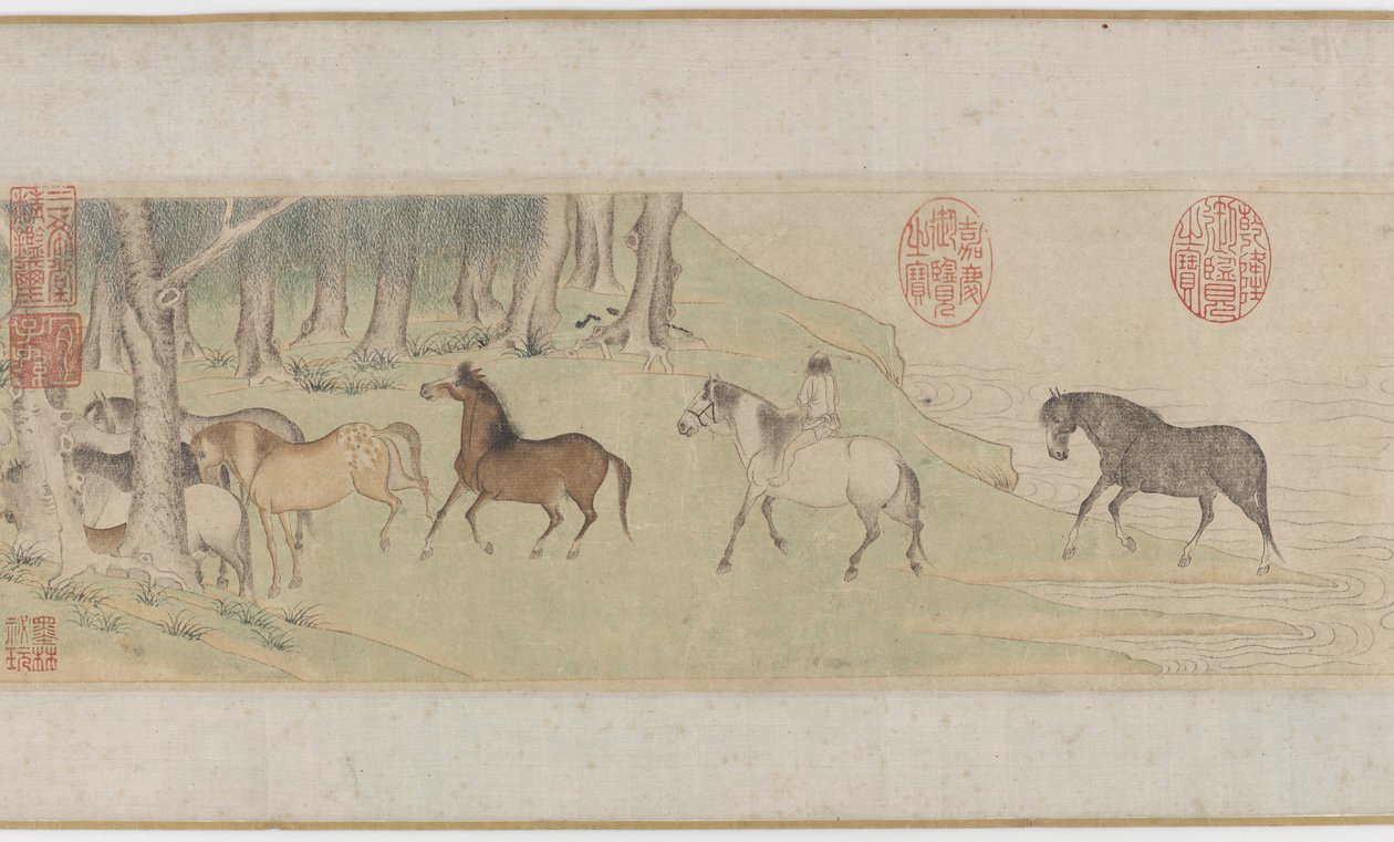 Cavalli e stallieri che attraversano un fiume, dinastia Yuan o inizio dinastia Ming, XIV secolo da Zhao Mengfu Chao Meng Fu or
