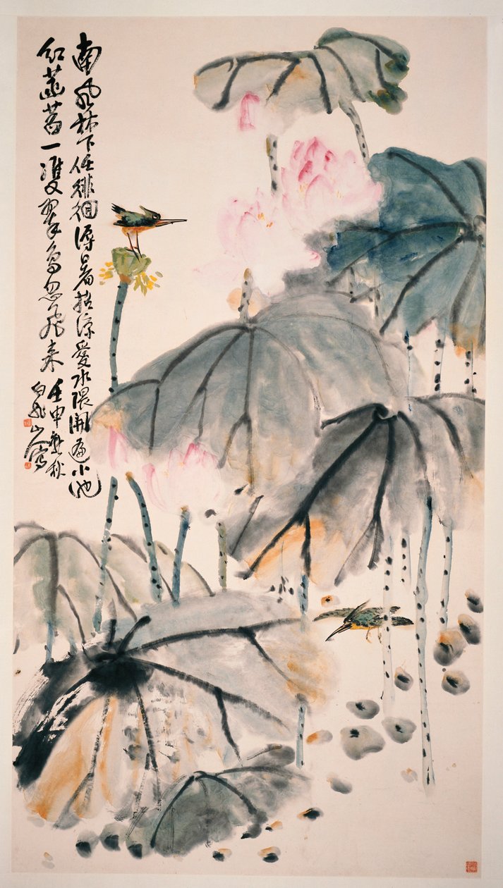 Loto e Uccelli Verdi da Zhen Wang