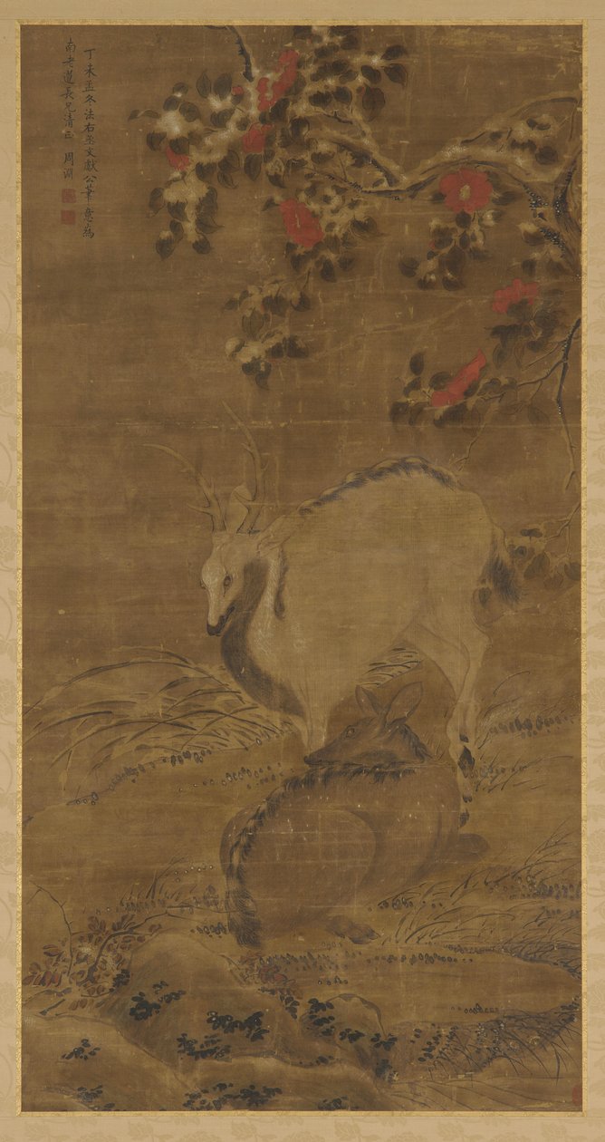 Un cervo, una cerva e camelie rosse nella neve, 1367 da Zhou Yuan