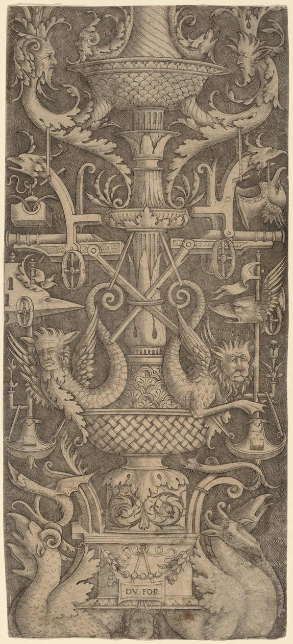 Pannello ornamentale con draghi, maschere e strumenti di guerra, c. 1505 da Zoan Andrea