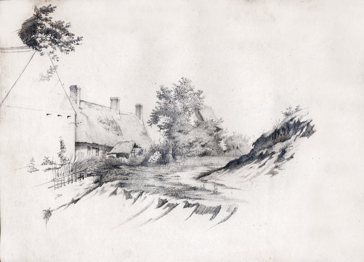 Una fattoria con tetto di paglia nella Francia centrale. ca 1850 da . .