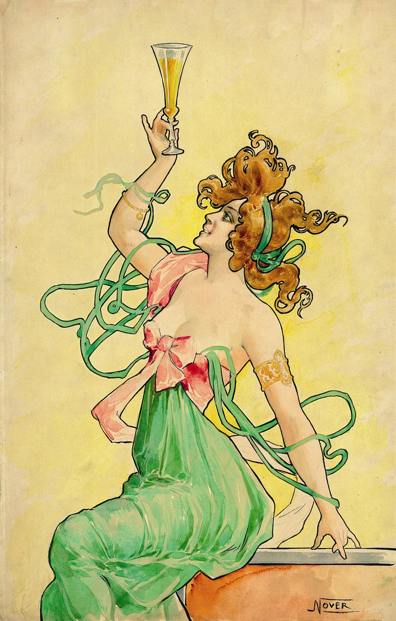 Assenzio Blanqui, c 1900, bozzetto (inchiostro, pastello e acquerello) per un manifesto pubblicitario, tra il 1898 e il 1901, firmato Nover, palindromo dell