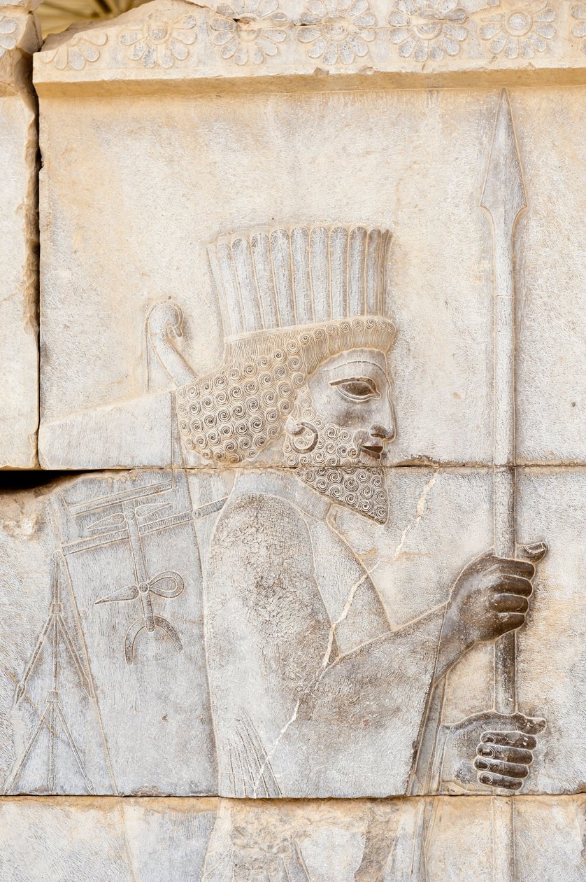 Rilievo antico degli Achemenidi; persiano con lancia; soldato della Guardia Immortale sul Palazzo Apadana; sito archeologico; antica città persiana di Persepoli; Patrimonio dell