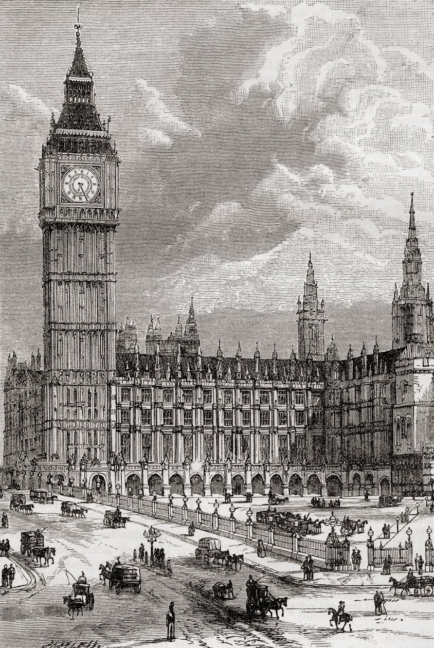 Big Ben e le Case del Parlamento, Londra, Inghilterra, viste nel XIX secolo da . .