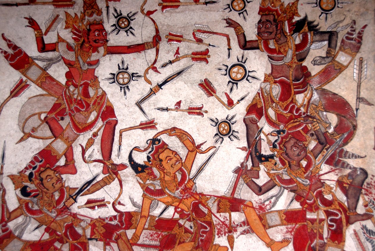 Dipinto sul soffitto nel Palazzo Reale; Battaglia degli Dei; Kerta Gosa; palazzo Taman Gili; Klungkung; Semarapura; Bali; Indonesia; Sud-est asiatico; Asia da Frederick (attr. to) Barnard
