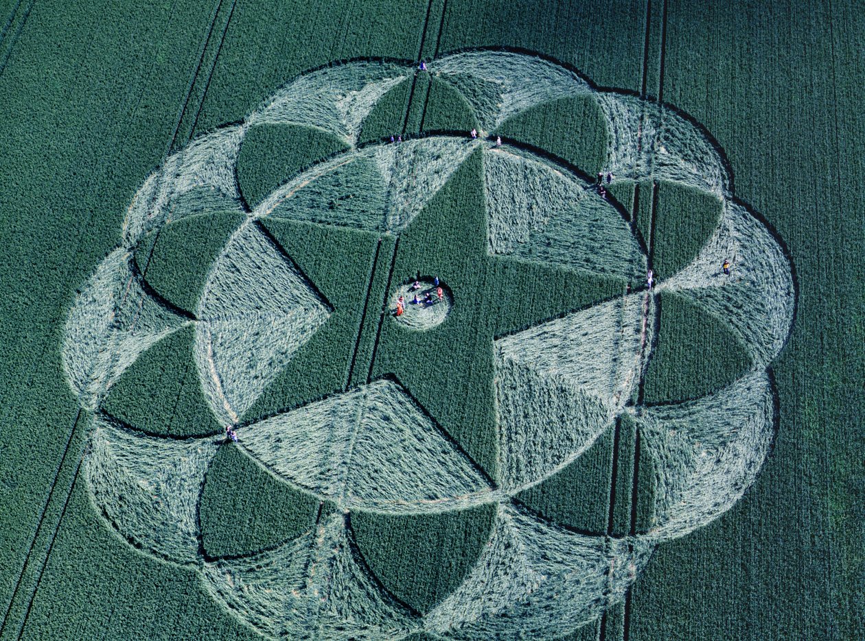 Cerchio nel grano in un campo di orzo, Avebury Trusloe, Wiltshire, 20 giugno 1998 (fotografia aerea) da Ferdinand Georg Waldmuller