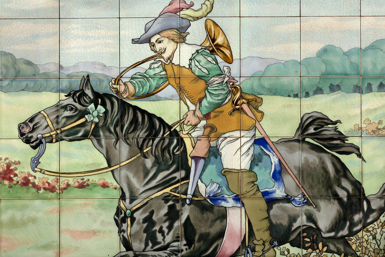 Vista interna, pannello di piastrelle, pittore Furcy Ernest Tondeur, esecutore Boch Frères La Louvière, secondo pannello mostra scena di caccia con cavaliere al galoppo con corno da caccia da . .
