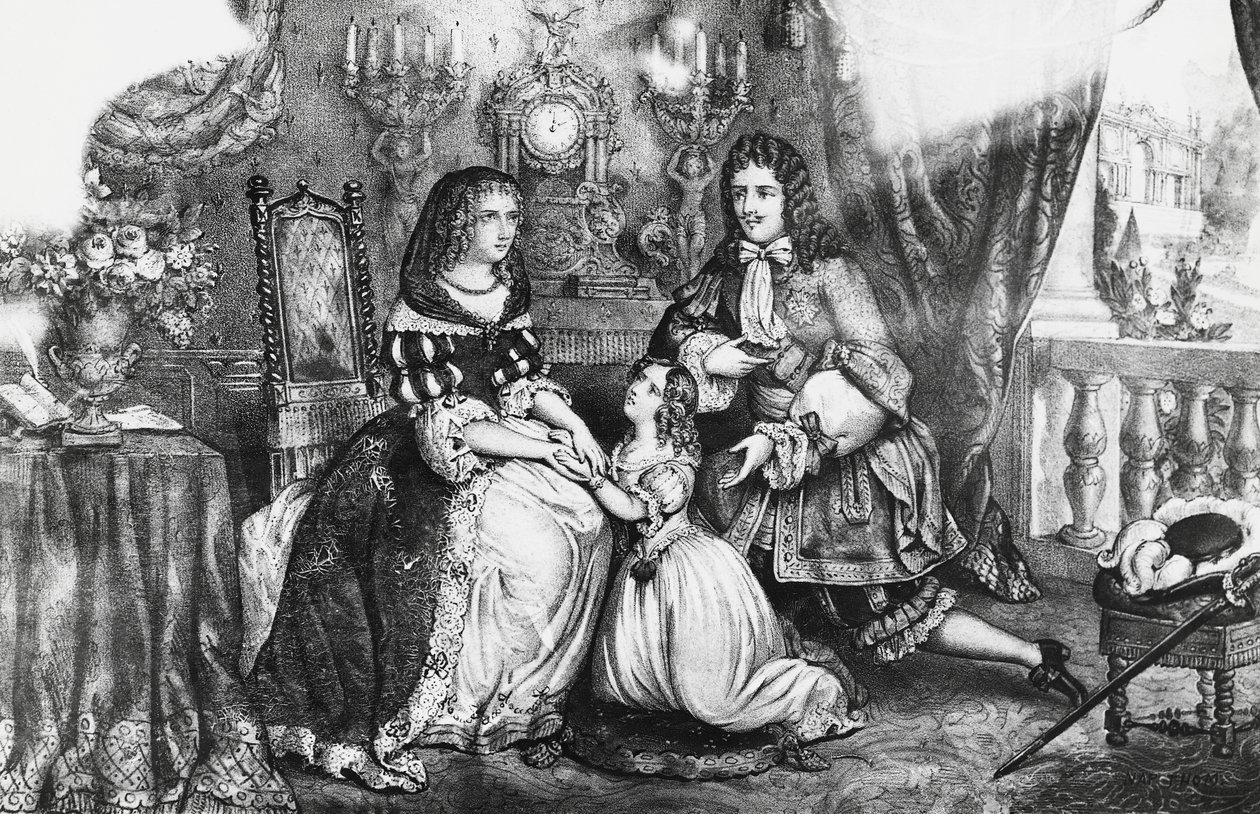 Re Luigi XIV e sua figlia che implorano la Duchessa Louise de La Valliere di non ritirarsi nel convento da Georg Carl Heinrich Dollmann
