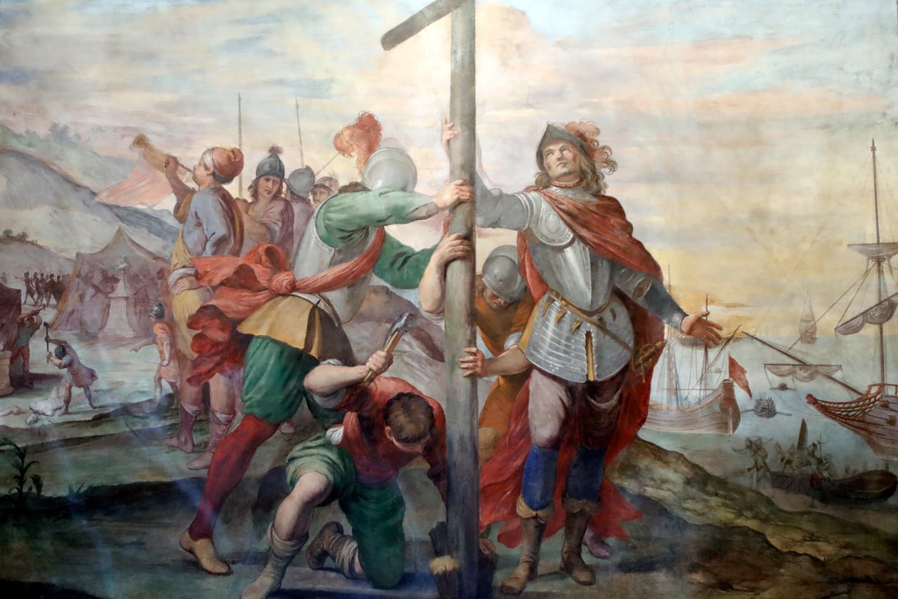 Sbarco di Cristoforo Colombo. Affresco. Palazzo Fieschi-Crosa Di Vergagni. Genova. Italia da . .