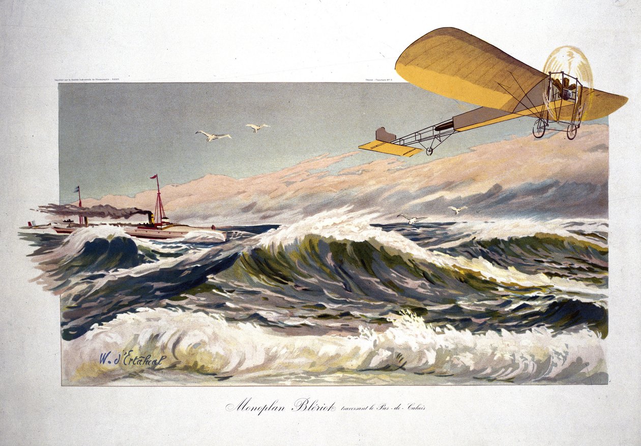 Louis Bleriot (1872-1936), aviatore francese, attraversando la Manica il 25 luglio 1909, a bordo del suo monoplano "Bleriot XI" da Ferdinand Georg Waldmuller