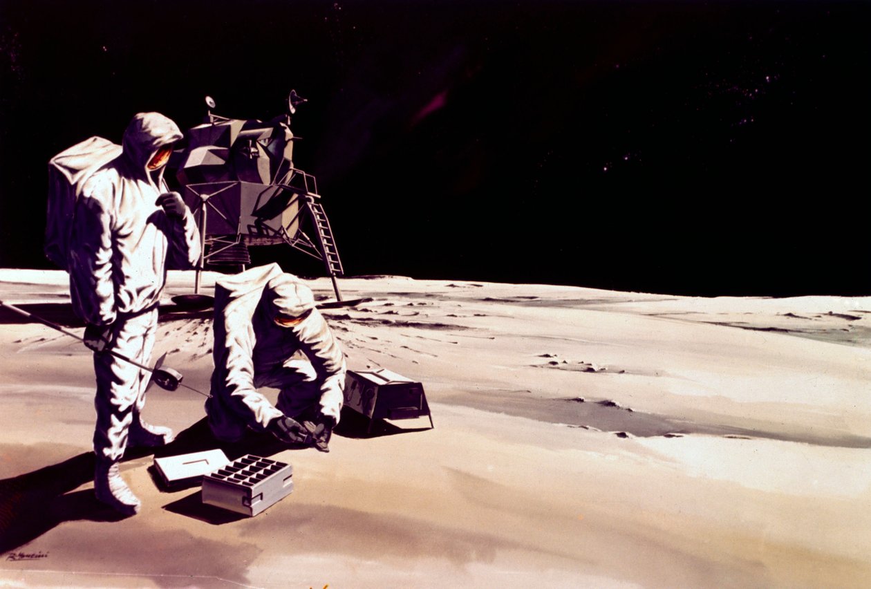 Volo spaziale con equipaggio, USA, Apollo, Generale Impressione artistica di astronauti che lavorano sulla Luna da Ferdinand Georg Waldmuller