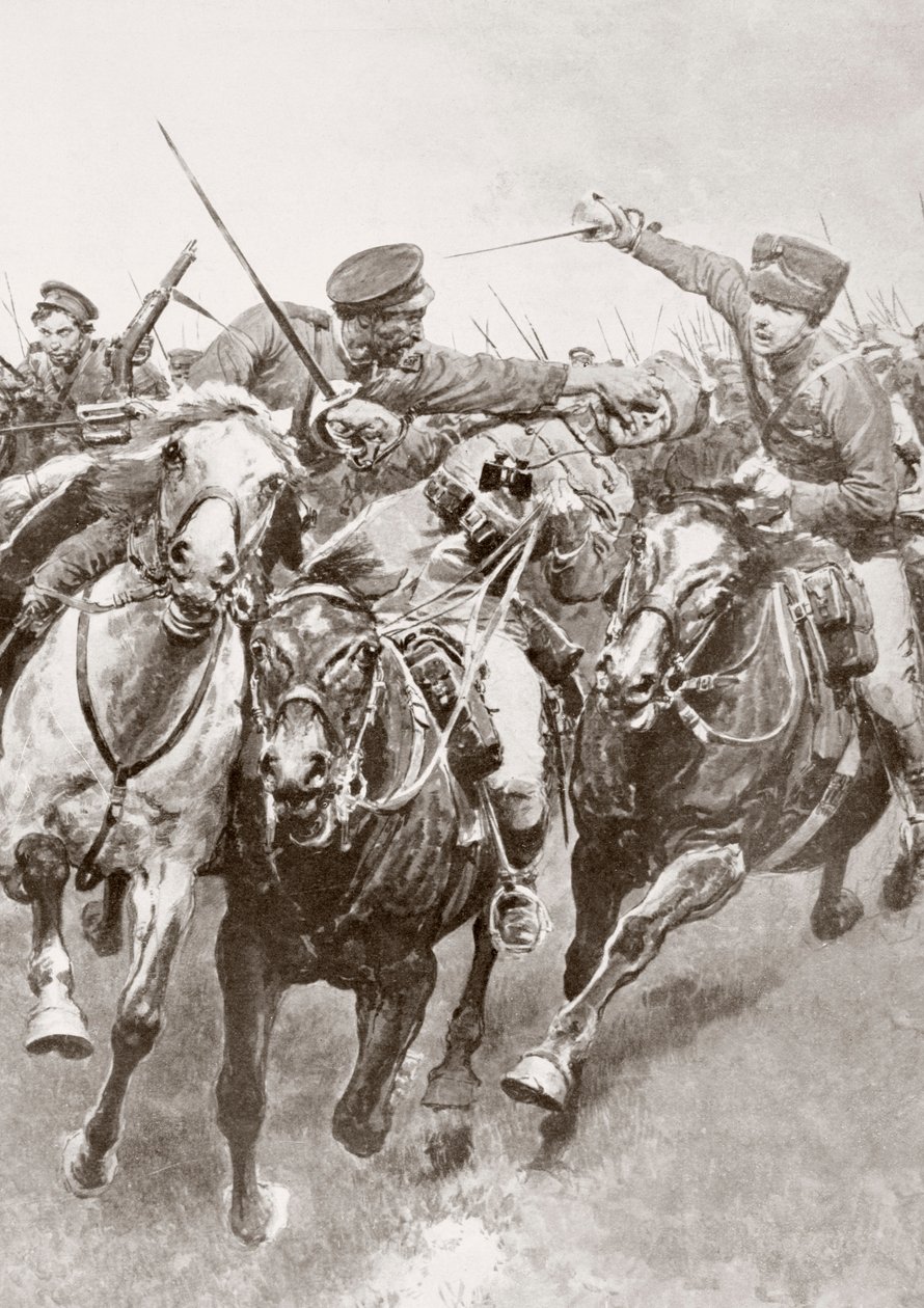 Combattimento a cavallo tra cosacchi russi e cavalleria tedesca nota come gli Ussari della Morte a Schwansfeld, tra Korschen e Bartenstein, Prussia orientale, agosto 1914 durante la Prima Guerra Mondiale, da La Esfera da Ferdinand Georg Waldmuller