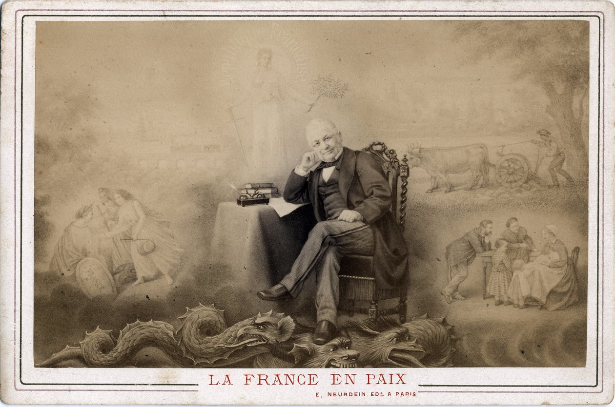 Comune di Parigi: "Francia in pace" ritratto di Louis Adolphe Thiers (1797-1877) seduto sul drago probabile simbolo della comune da Frederick (attr. to) Barnard