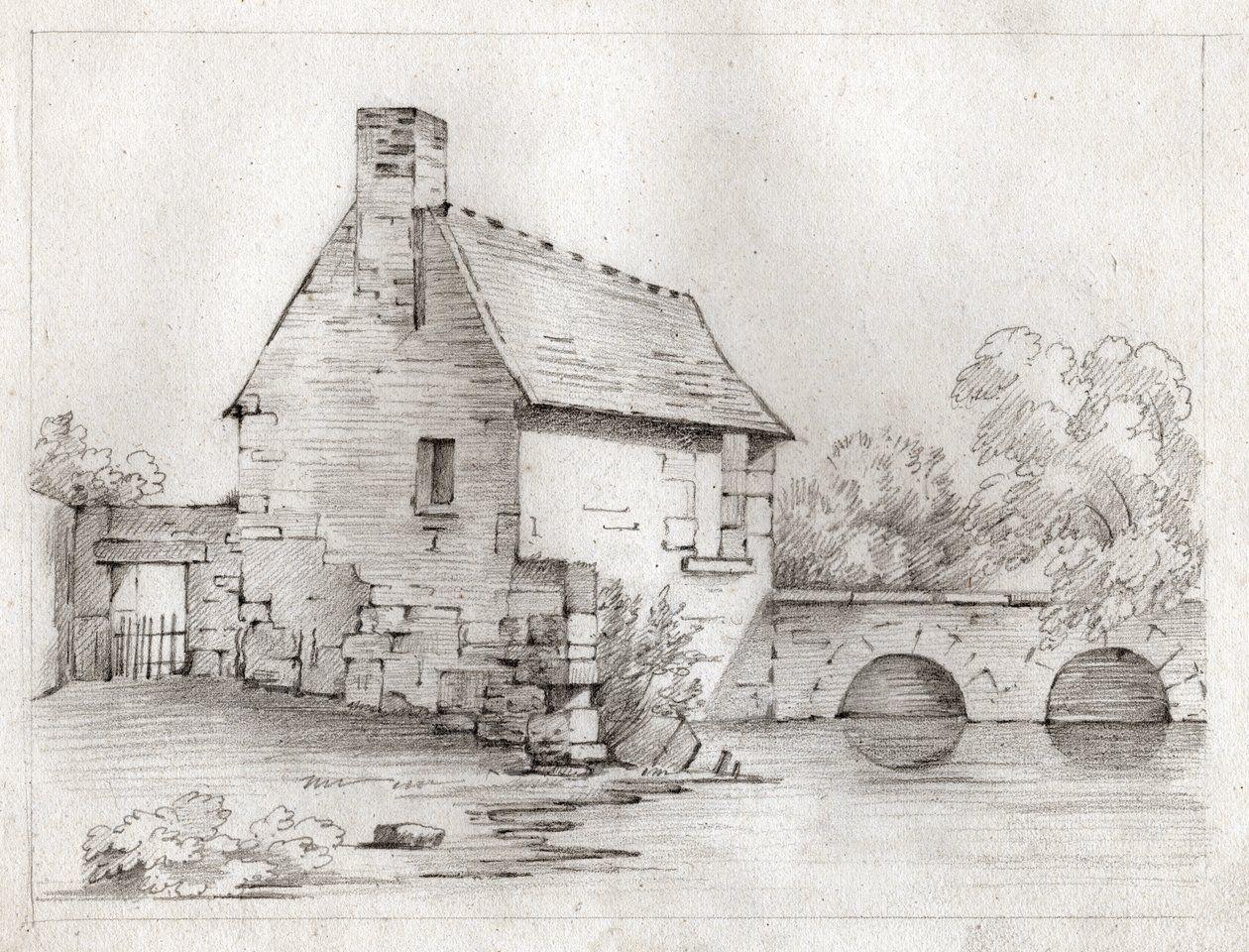 Casa contadina sul bordo di un fiume. circa 1830 (illustrazione) da . .