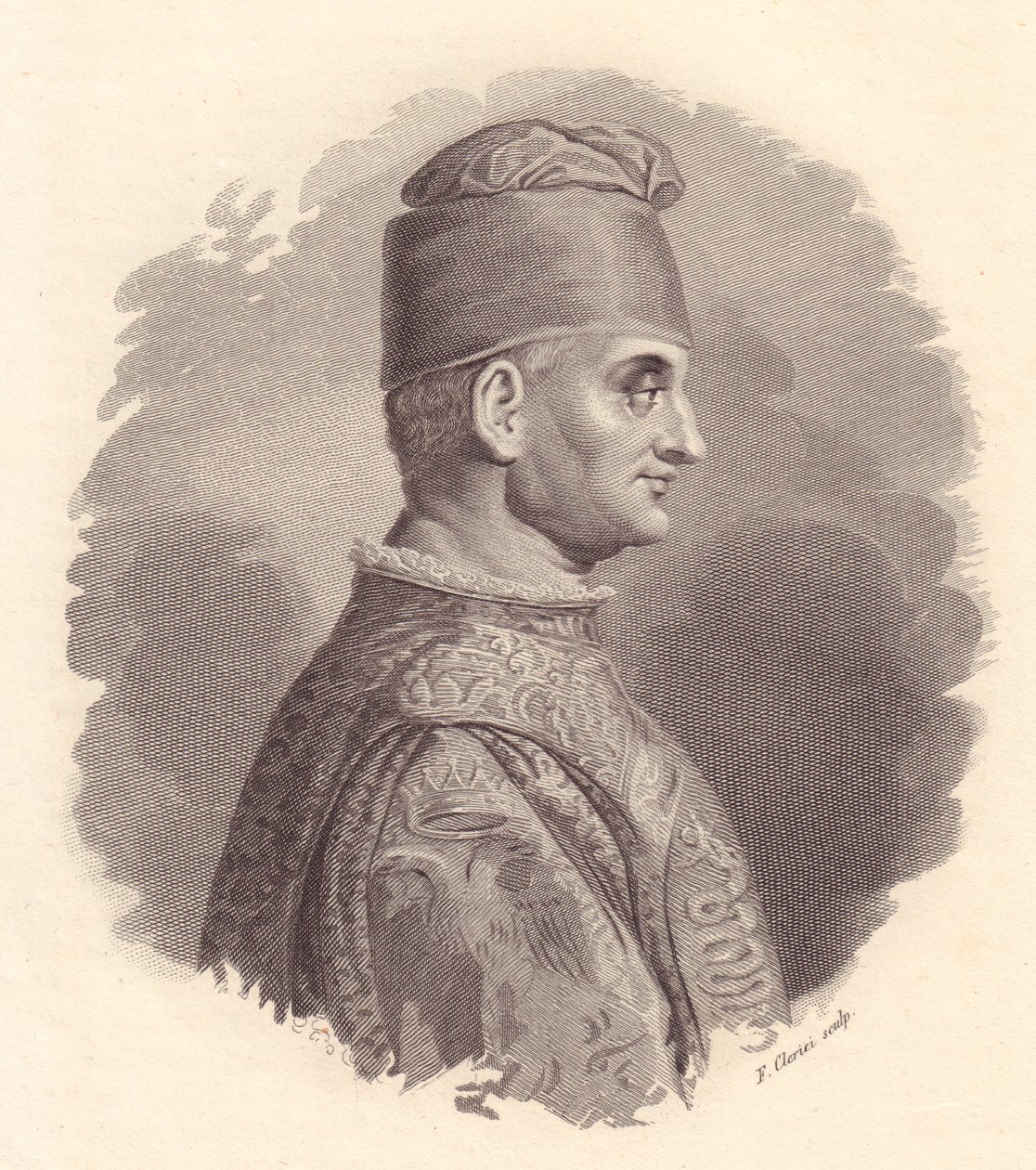 Ritratto del Duca di Milano, Filippo Maria Visconti (1392-1447), incisione su rame di F Clerici da ritratto pubblicato da Antonio Campo da William Walcutt