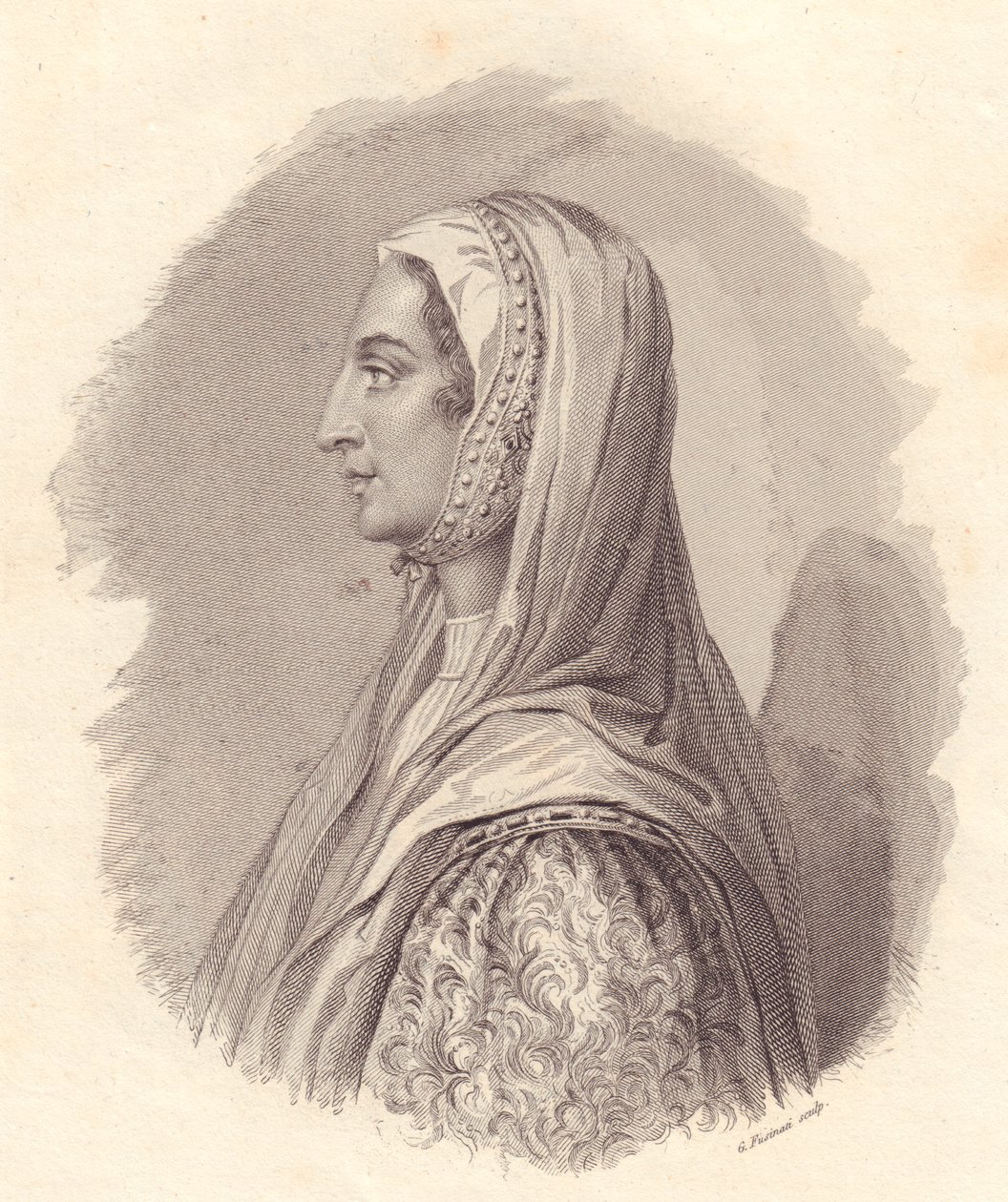 Ritratto della nobildonna italiana Beatrice Lascaris di Tenda (1372-1418), incisione su rame di G Fusinati da ritratto pubblicato da Antonio Campo da William Walcutt