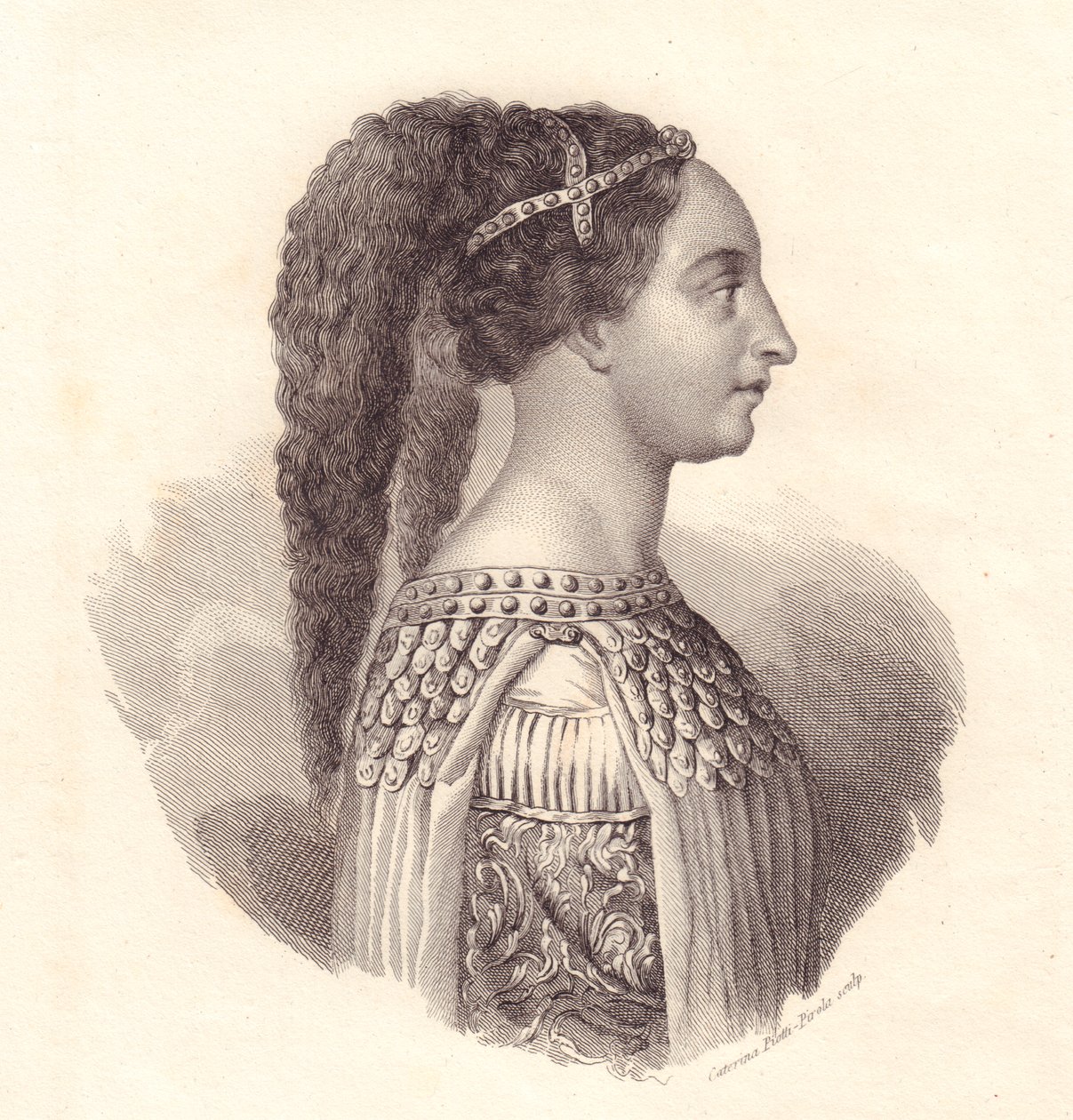 Ritratto della nobildonna italiana Isotta degli Atti (circa 1432-1474), incisione su rame di Caterina Piotti-Pirola da William Walcutt