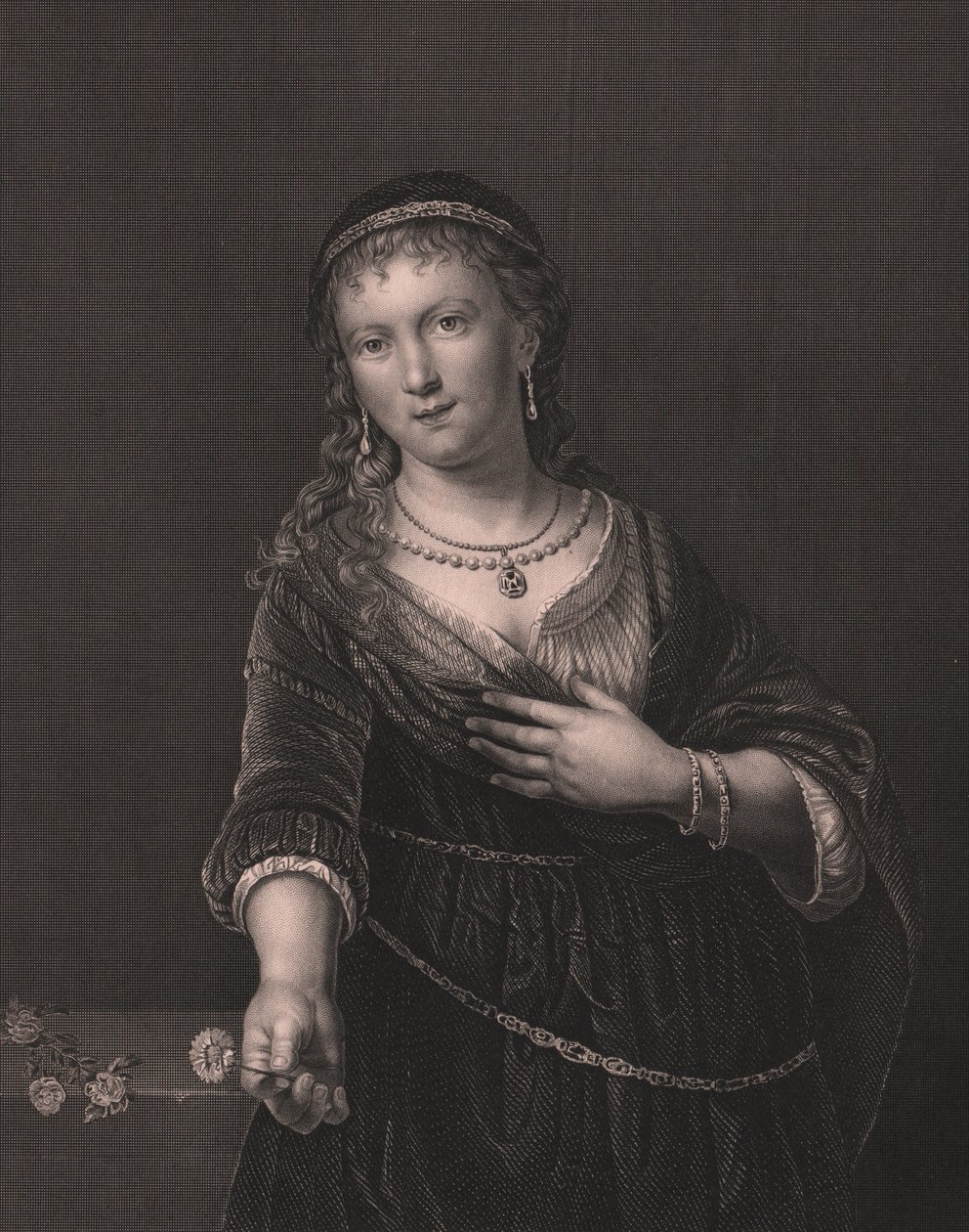 Ritratto di Saskia van Uylenburgh, moglie di Rembrandt, incisione di Daniel John Pound da un dipinto di Rembrandt, dalla Galleria Reale di Dresda di Payne, circa 1840 da William Walcutt