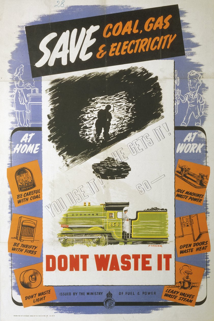 Risparmia carbone, gas ed elettricità, poster del Ministero del Carburante e dell