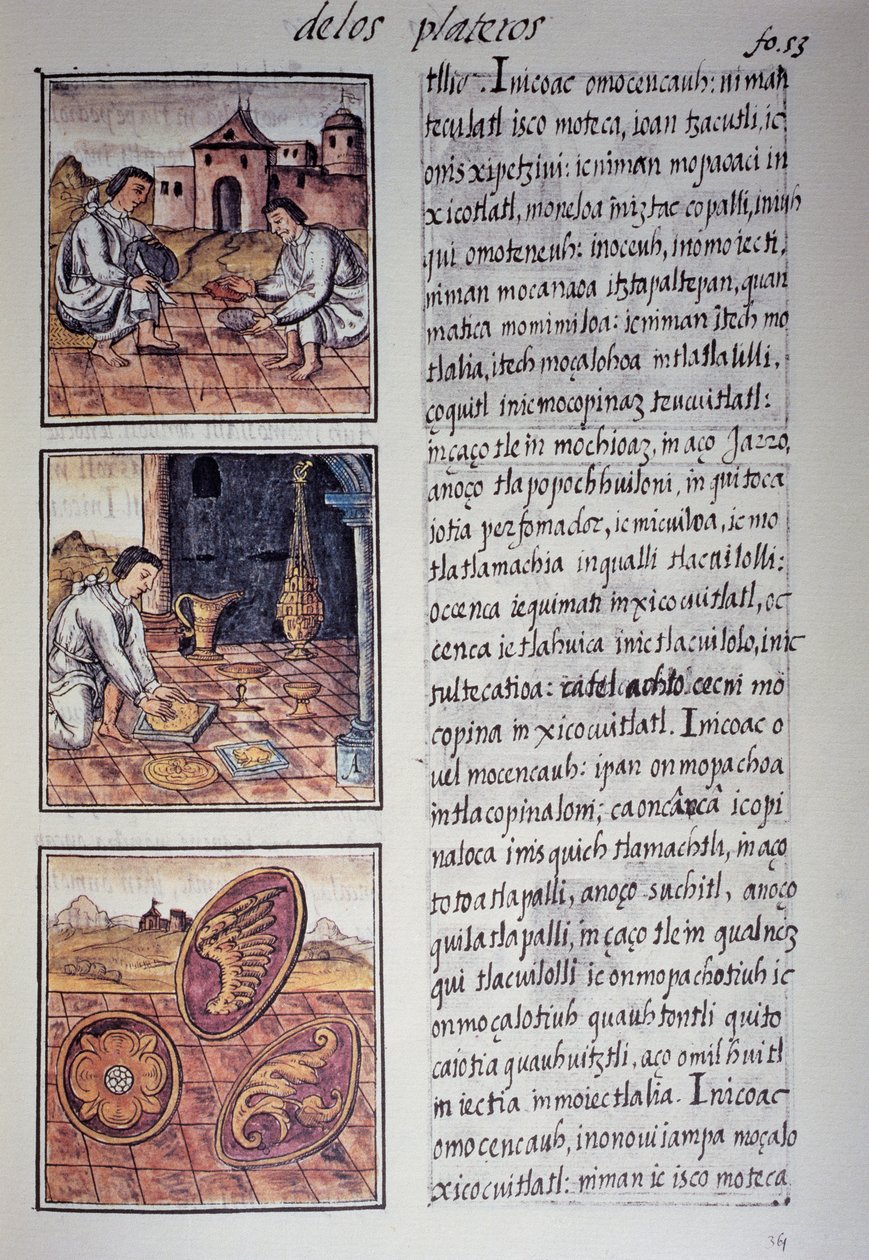Produzione di stoviglie e scudi, pagina dal Codice Fiorentino, versione bilingue in spagnolo e nahuatl, Storia generale delle cose della Nuova Spagna, del missionario spagnolo Fray Bernardino de Sahagun. Civiltà azteca da Georg Carl Heinrich Dollmann