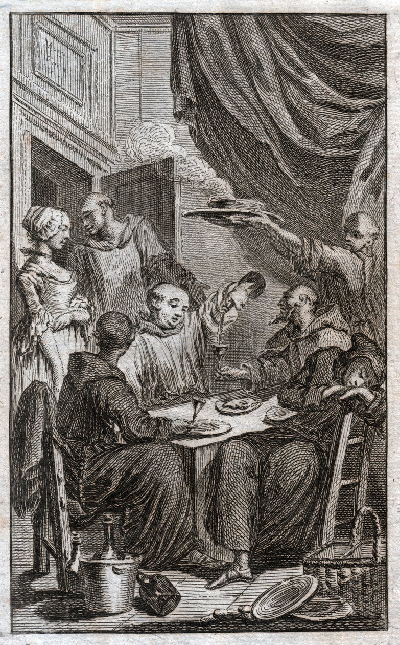 La festa dei monaci che violano le regole monastiche. Bevono vino, corteggiano le cameriere. XVIII secolo (incisione) da . .