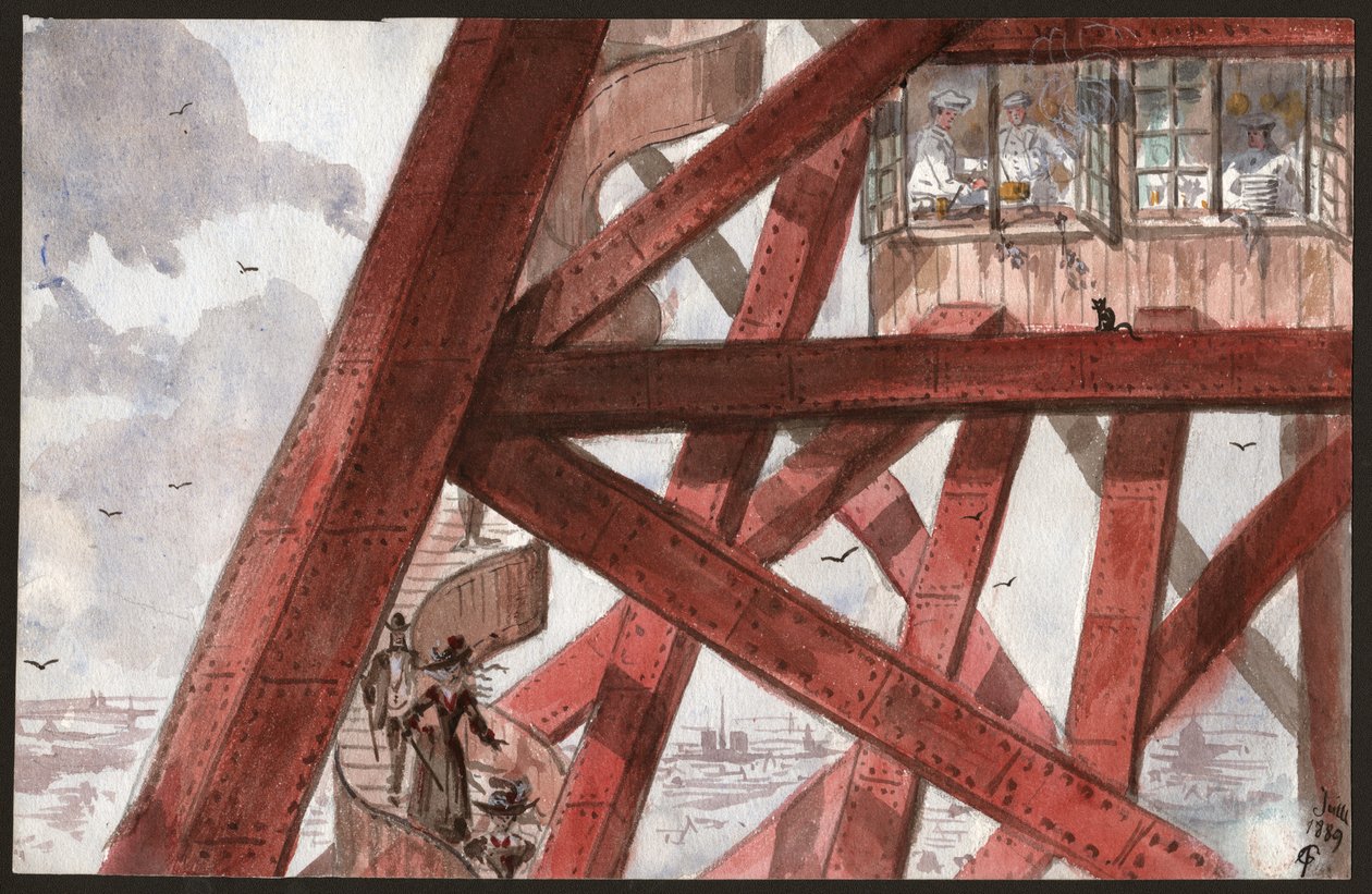 Turisti sulle scale della Torre Eiffel, Parigi. Chef che cucinano nel ristorante al primo piano. 1889 (illustrazione) da . .