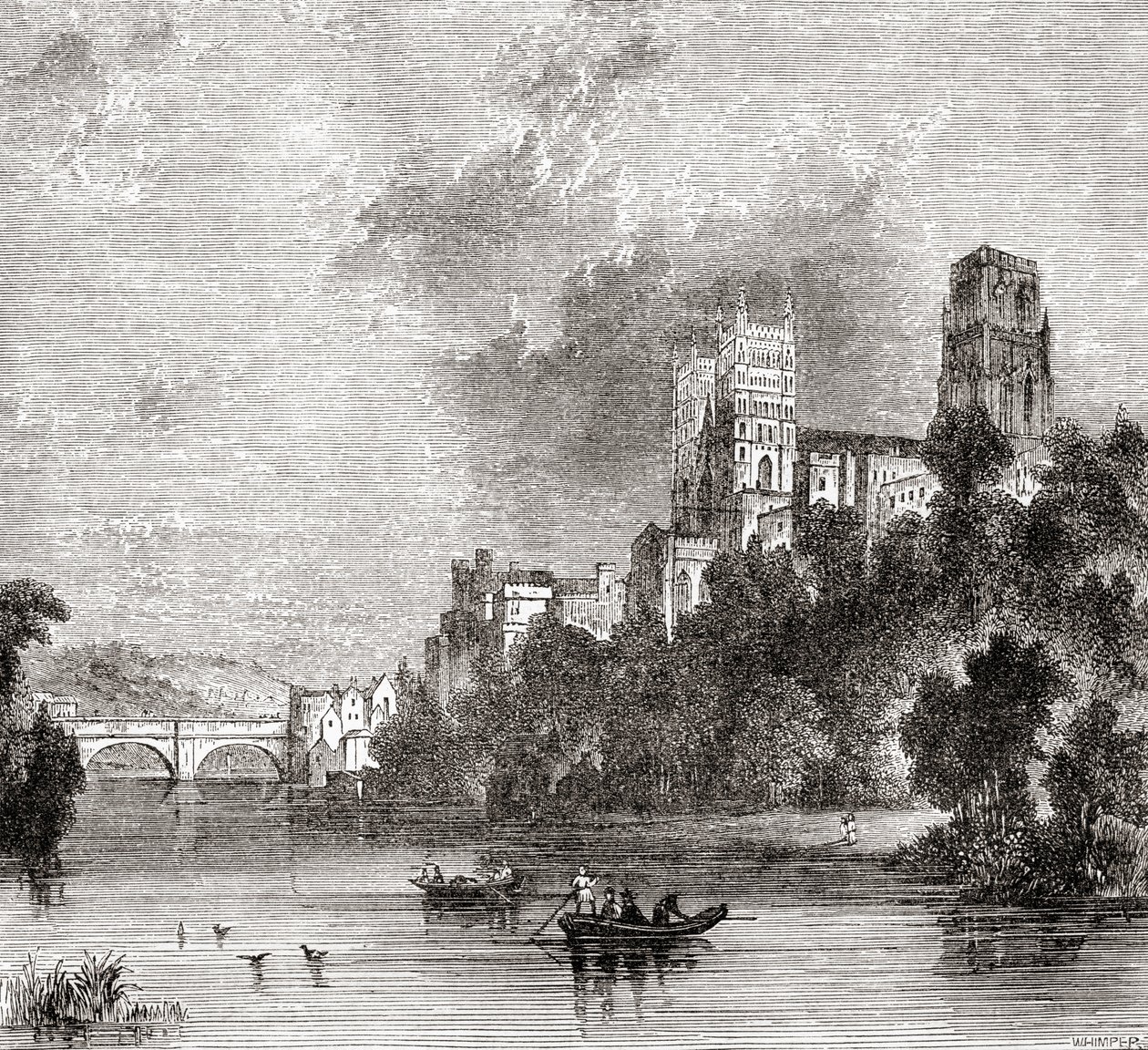 Veduta di Durham e della Cattedrale, vista dal fiume Wear, Durham, Inghilterra da . .