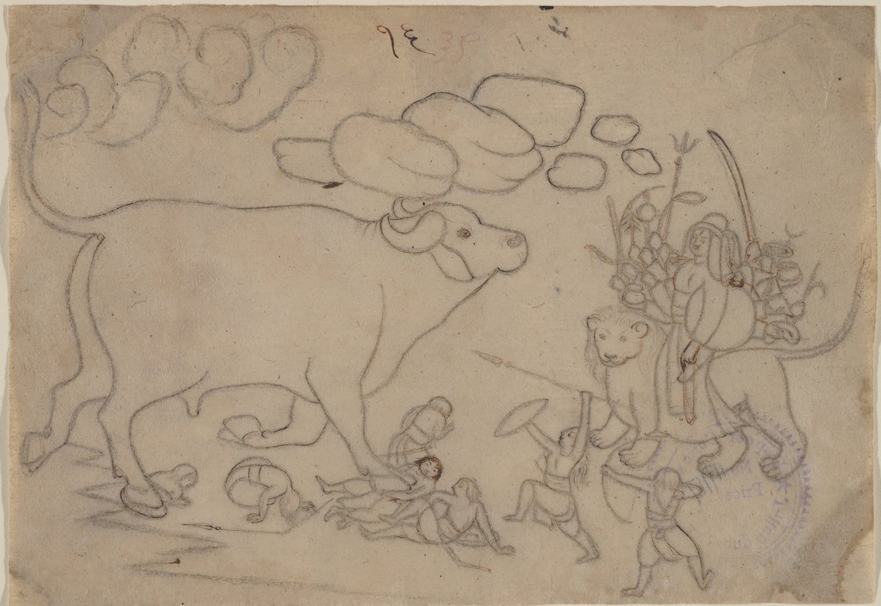 Durga affronta il demone bufalo Mahisha: Scena dal Devi Mahatmya da a first generation master after Nainsukh